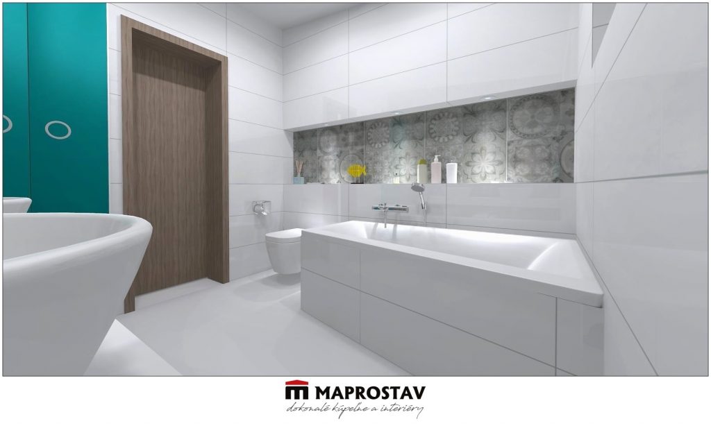 3D Vizualizácia kúpeľne 1 MAPROSTAV Trenčín biela s rohovou vaňou 2 - Michal