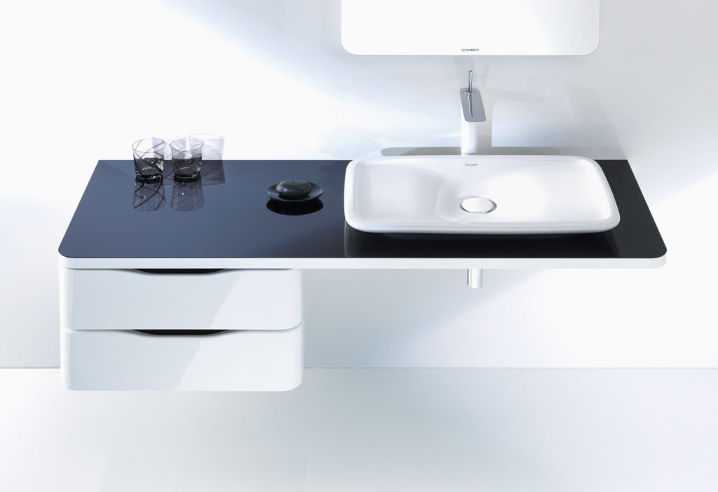 DURAVIT PuraVida umývadlo na dosku, kúpeľňový nábytok s čiernou doskou