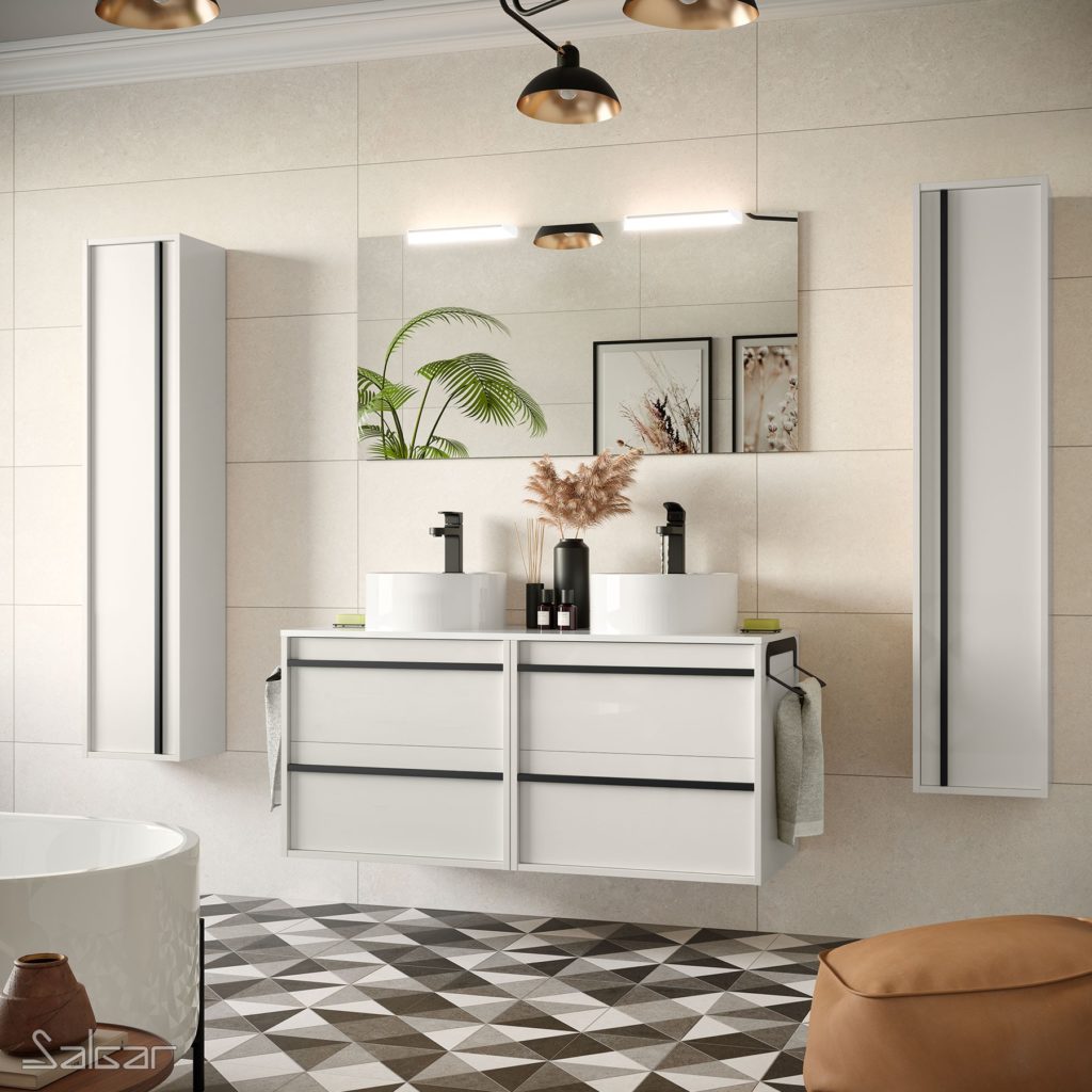 SALGAR Attila Kúpeľňová zostava skriniek dvojitá s umývadlovými miskami a s 2 zásuvkami 120cm vysoké bočné skrinky biela