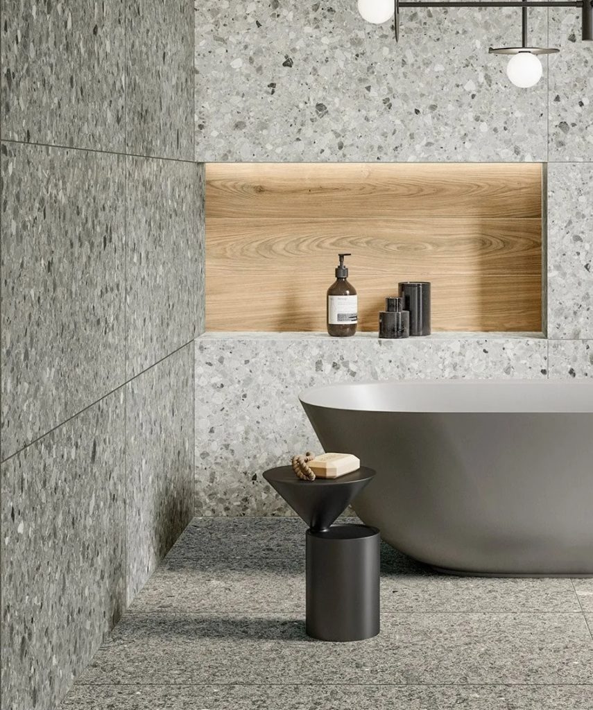 Villeroy & Boch CODE 2 - obklad a dlažba do kúpeľne vo vzhľade kameňa v kombinácii s drevom- detail