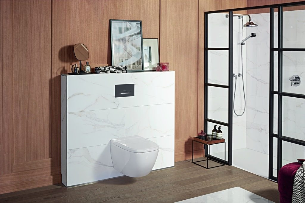 Villeroy & Boch Viconnect dizajnové tlačítko,WC misa Antheus, sprchová vanička Squaro Infinity, obklad dlažba Marmochic
