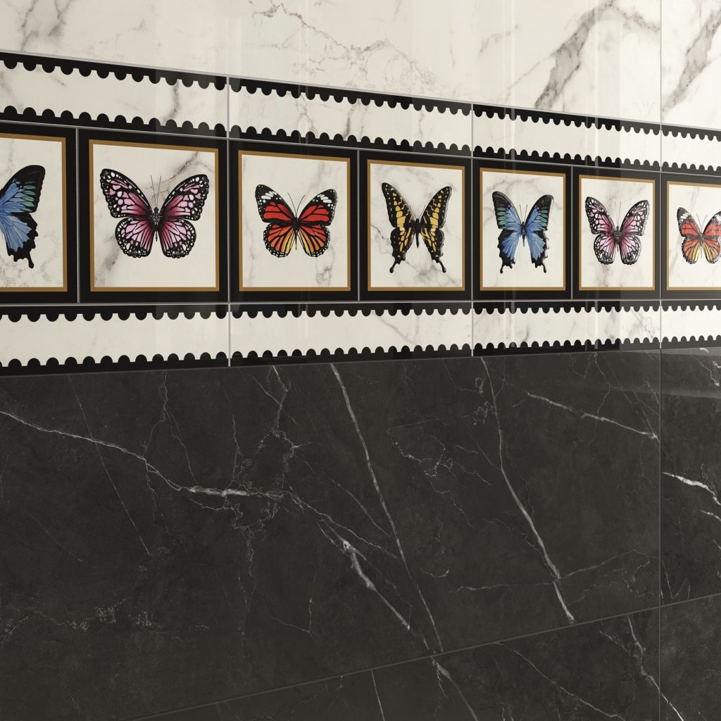 Villeroy & Boch Victorian obklad v kombinácii čierny mramor , biely mramor a dekor s motývom motýľa