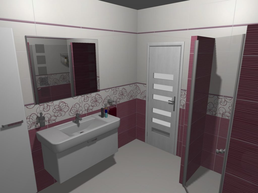 Vizualizácia kúpeľne Tatiana Serafinová - fialové obklady s dekorom, biela skrinka s umývadlom