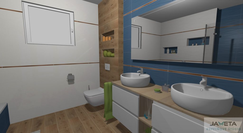 Vizualizácia kúpeľne Tatiana Serafinová kúpeľňa pre dvoch, dlažba vo vzhľade dreva v kombinácií s modrým obkladom