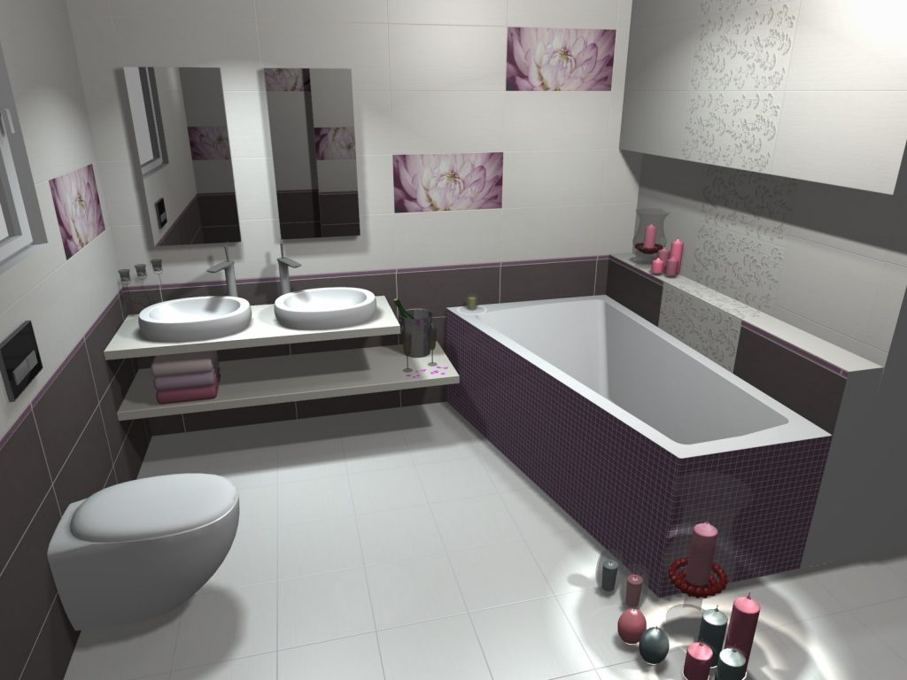 Vizualizácia kúpeľne Tatiana Serafinová - moderná kúpeľňa s bielou dlažbou a fialovým dekorom, rohová vaňa DURAVIT