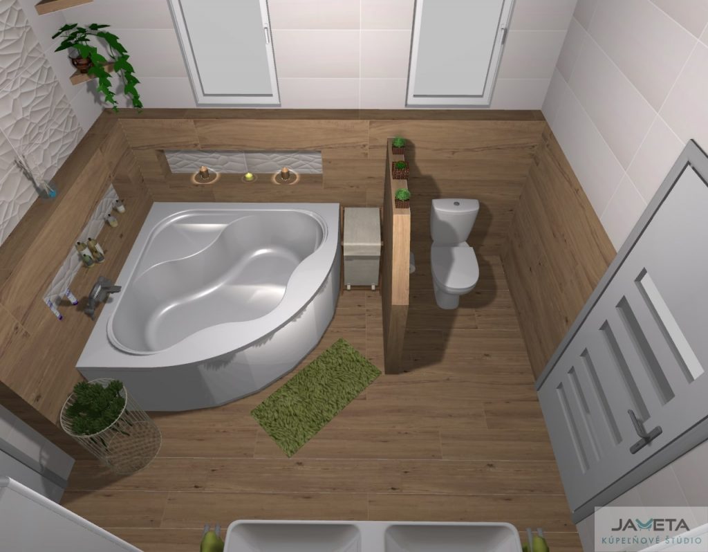Vizualizácia kúpeľne Tatiana Serafinová - málá kúpeľňa pre dvoch s rohovou vaňou, obklad a dlažba vo vzhľade dreva